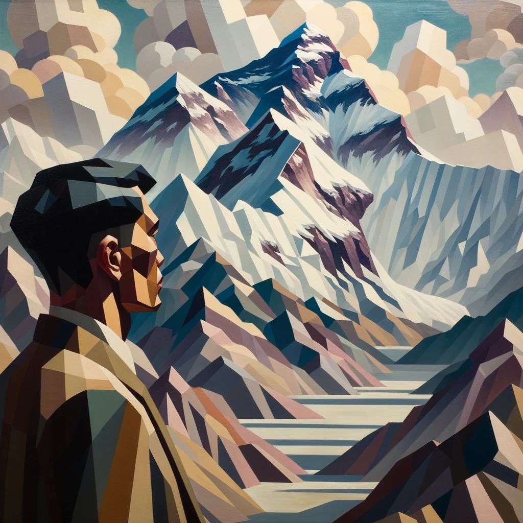 someone gazing at Mount Everest, painting, cubism style